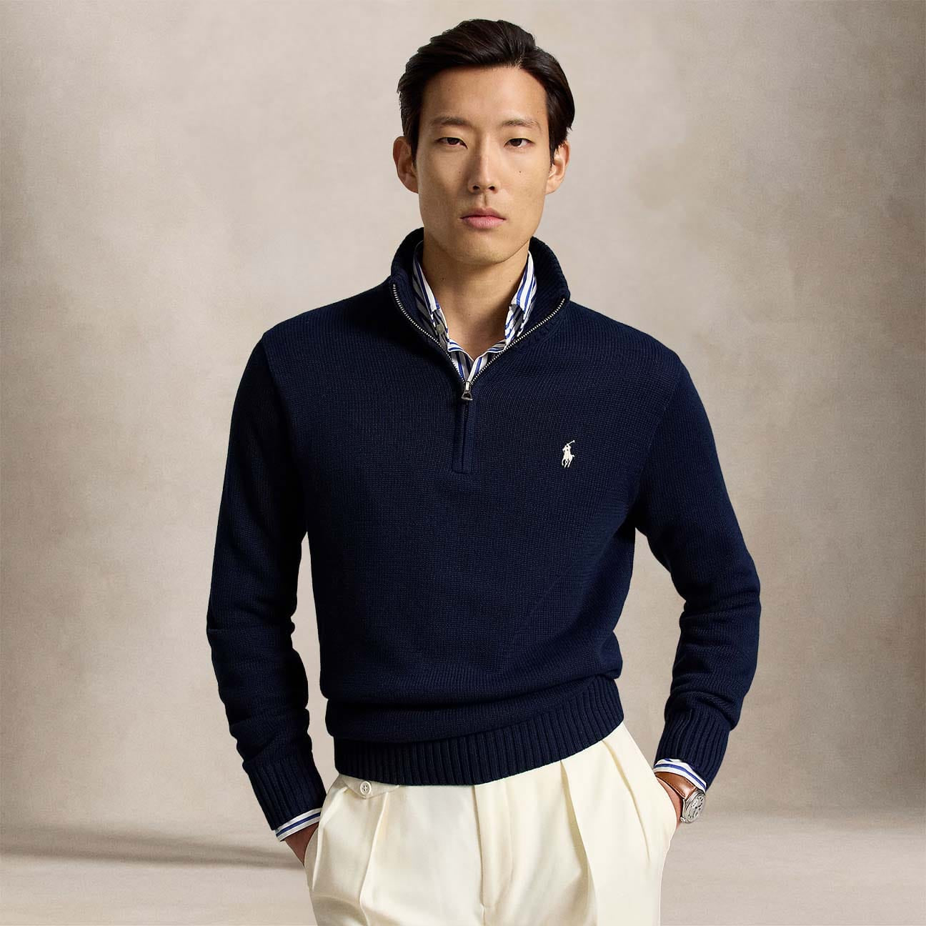 POLO RALPH LAUREN Maglio uomo in cotone con mezza zip Blue