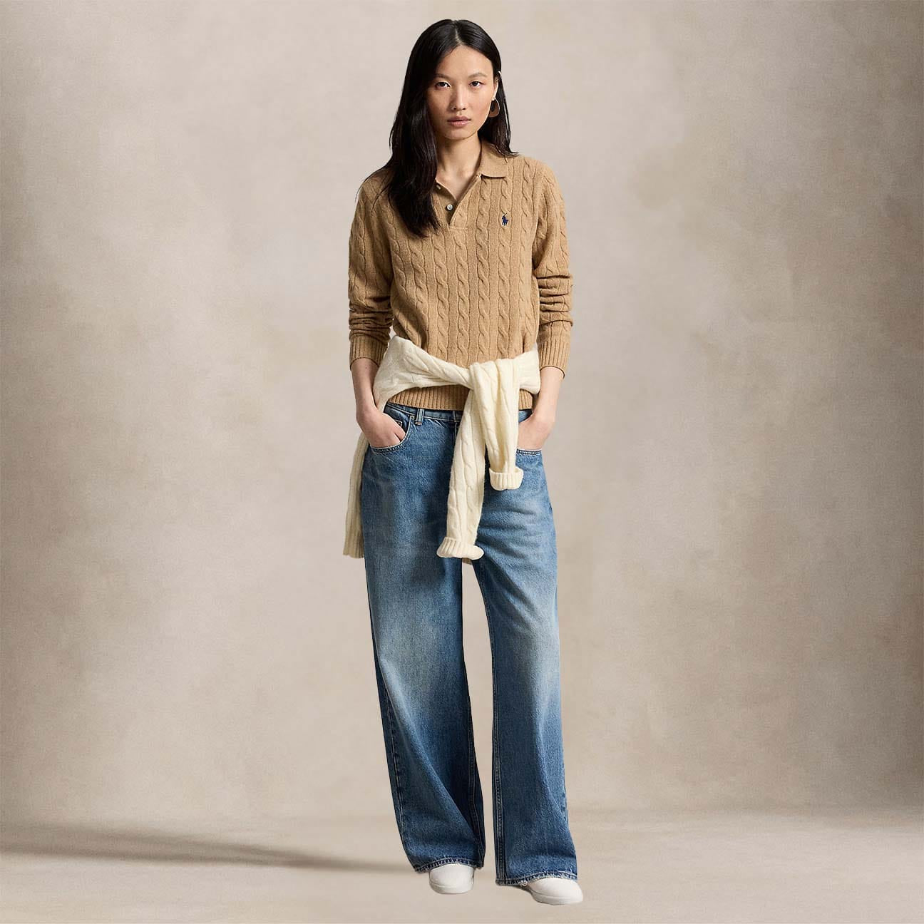 POLO RALPH LAUREN Polo donna in lana e cashmere a trecce Cammello