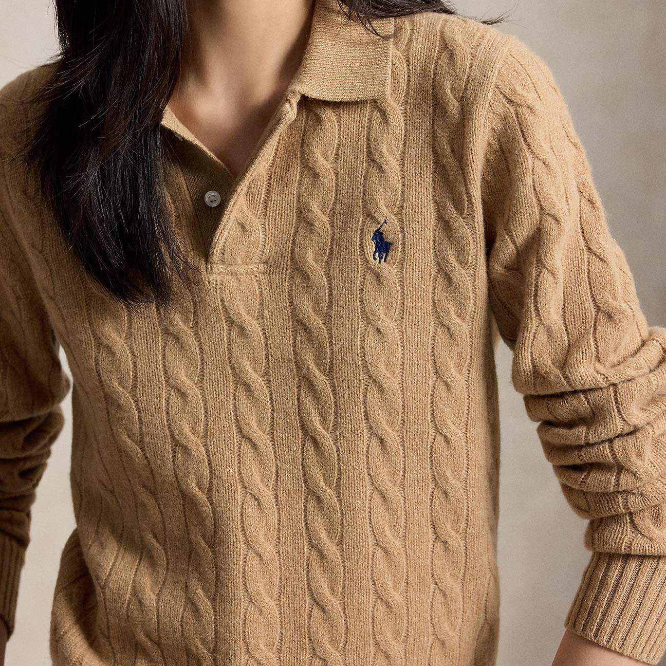 POLO RALPH LAUREN Polo donna in lana e cashmere a trecce Cammello