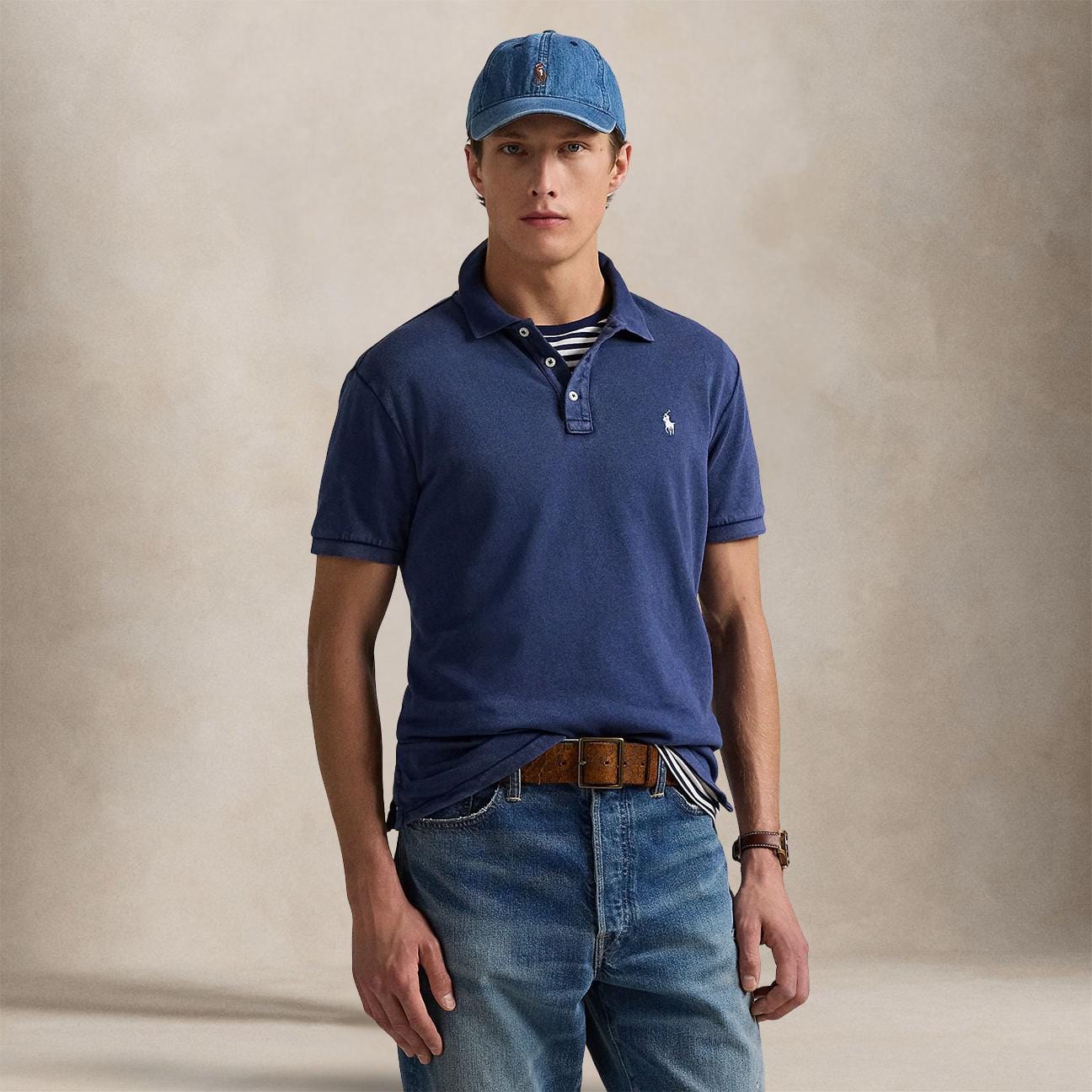POLO RALPH LAUREN Polo uomo in piquè di cotone Custom Slim Fit Blue