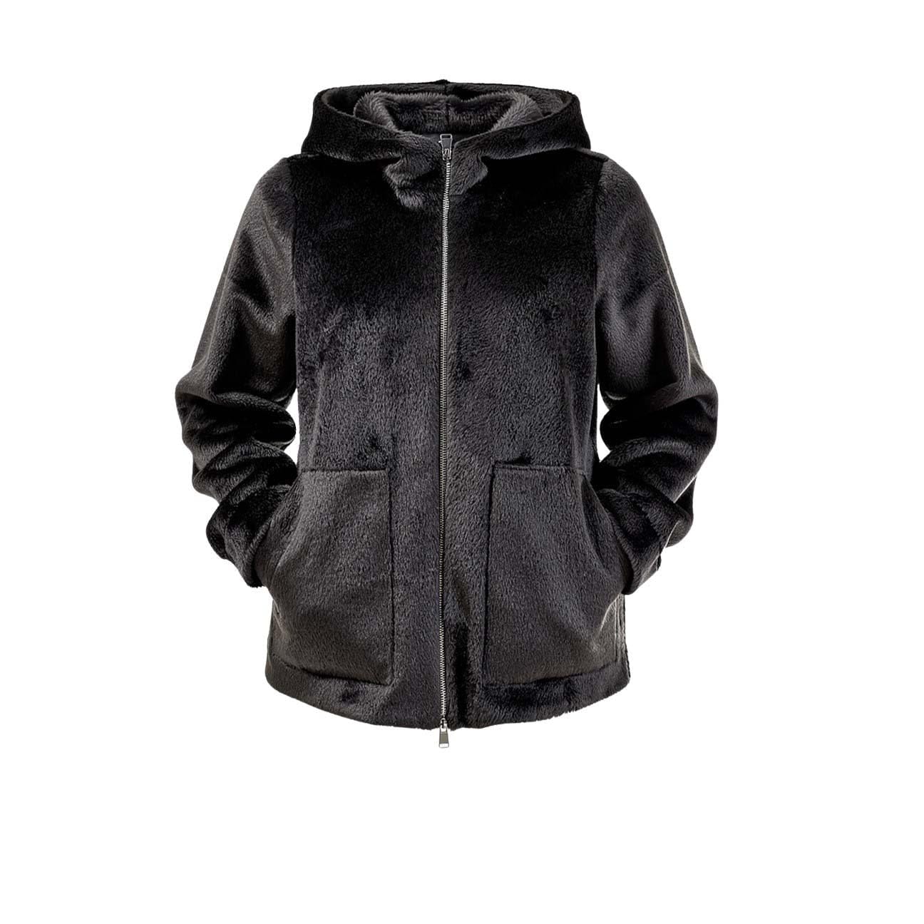 ZOE PARIS Giacca donna in eco-pelliccia con cappuccio e zip Nero